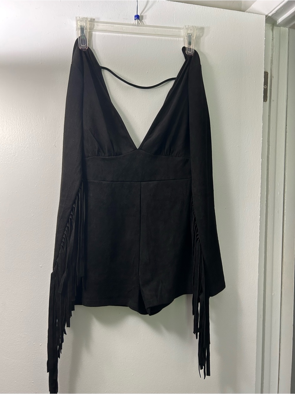 Bear Dance Black Fringe V-Neck Romper with Back Strap